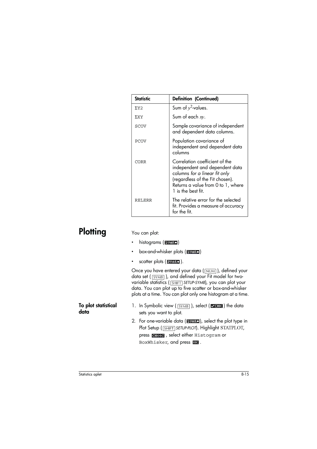 HP 39g+ Graphing manual Plotting, To plot statistical data, Columns for a linear fit only 