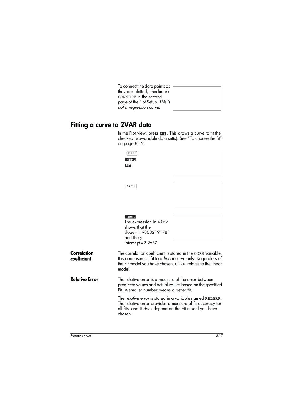 HP 39g+ Graphing manual Fitting a curve to 2VAR data, Correlation coefficient, Relative Error 