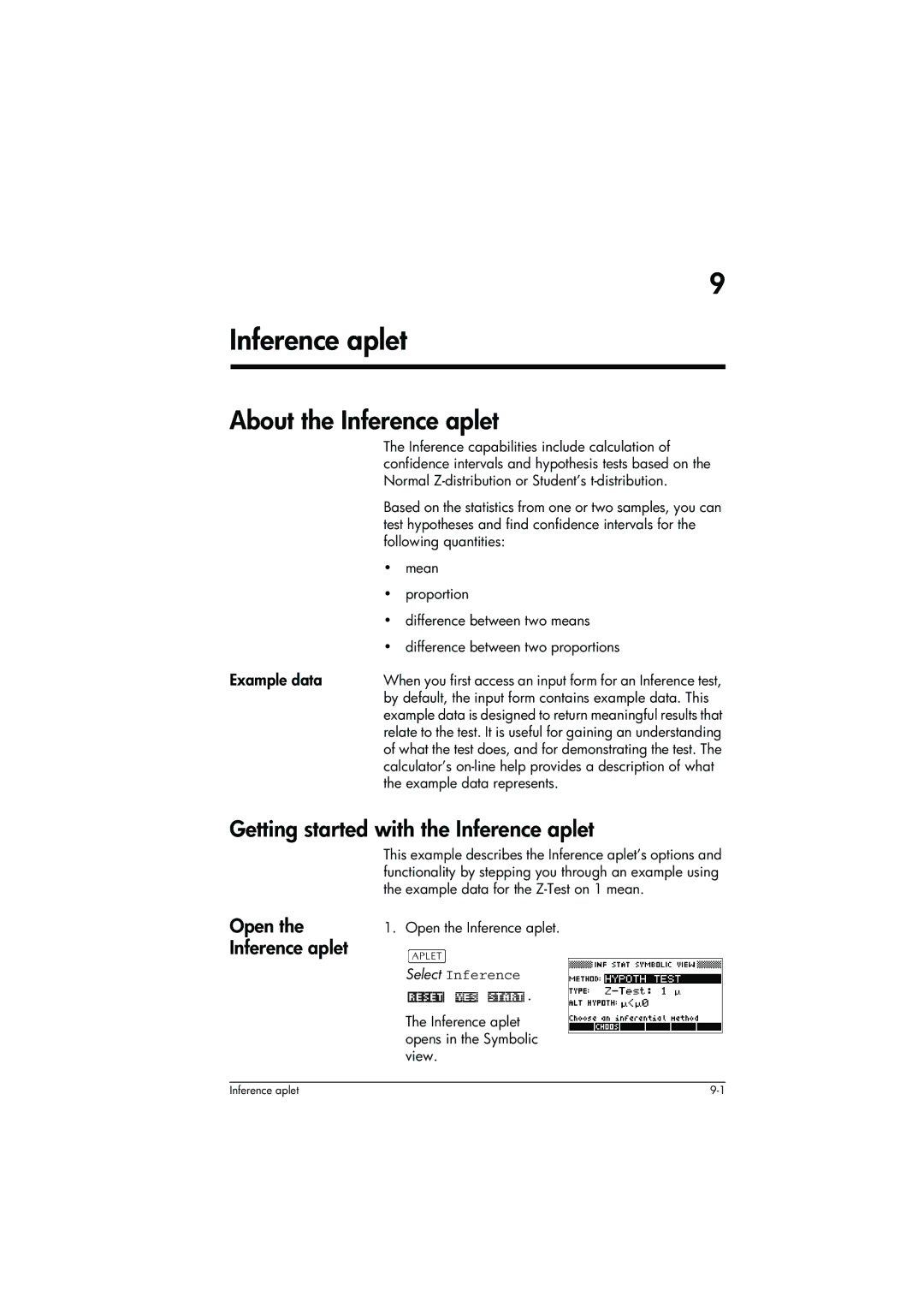 HP 39g+ Graphing manual About the Inference aplet, Getting started with the Inference aplet, Open the Inference aplet 