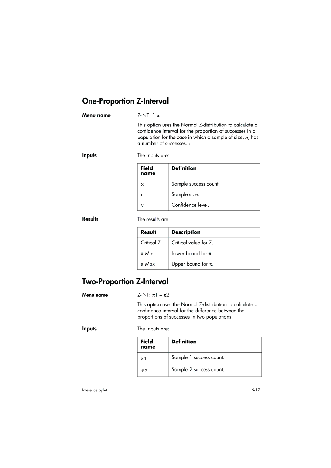 HP 39g+ Graphing manual One-Proportion Z-Interval, Two-Proportion Z-Interval 