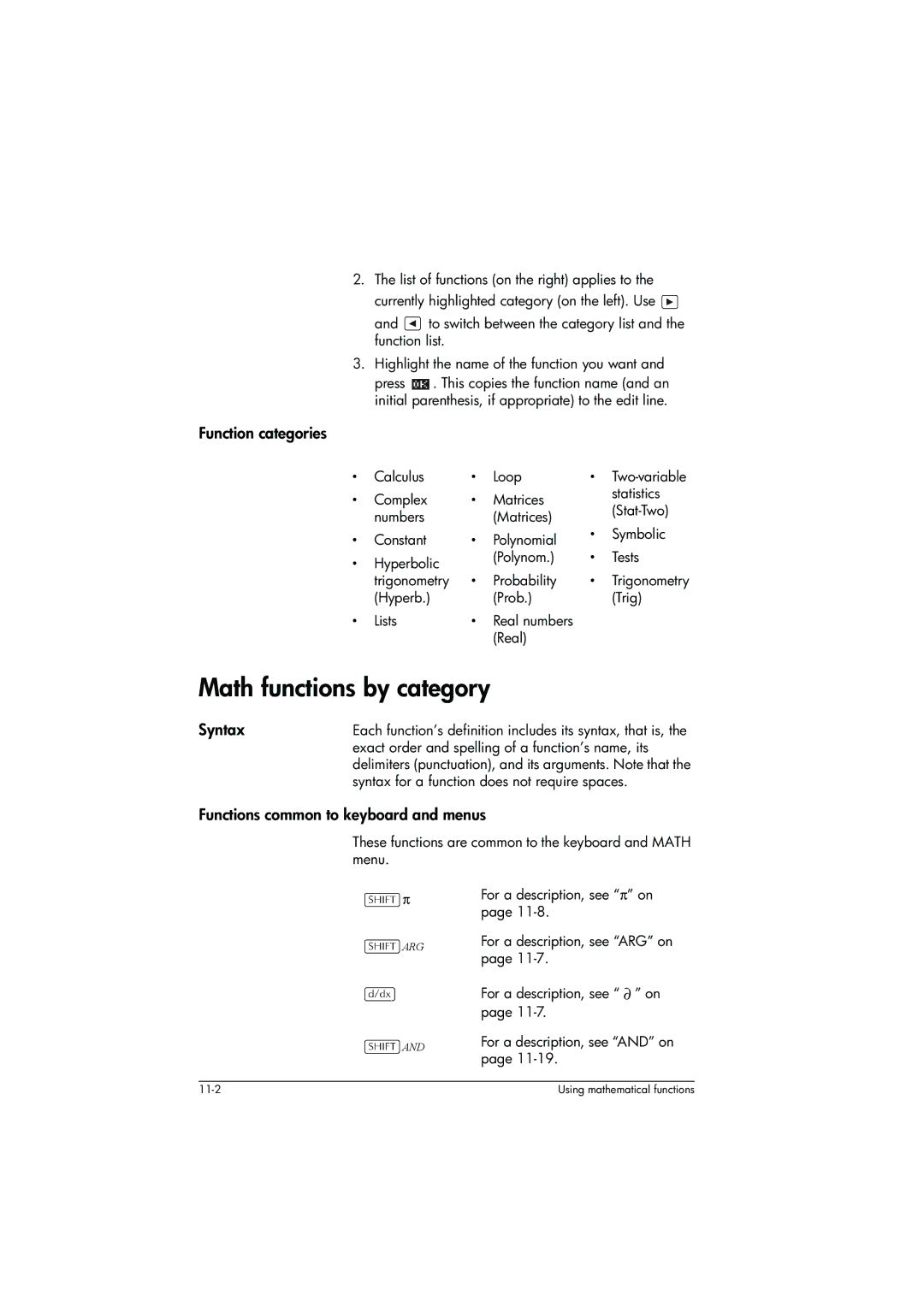 HP 39g+ Graphing manual Math functions by category, Function categories, Syntax, Functions common to keyboard and menus 