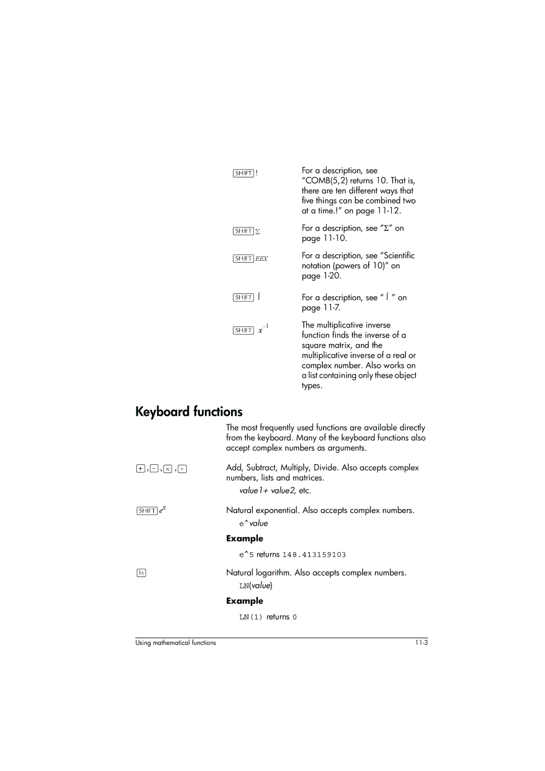 HP 39g+ Graphing manual Keyboard functions, Value1+ value2 , etc, Evalue, E5 returns, LN value 