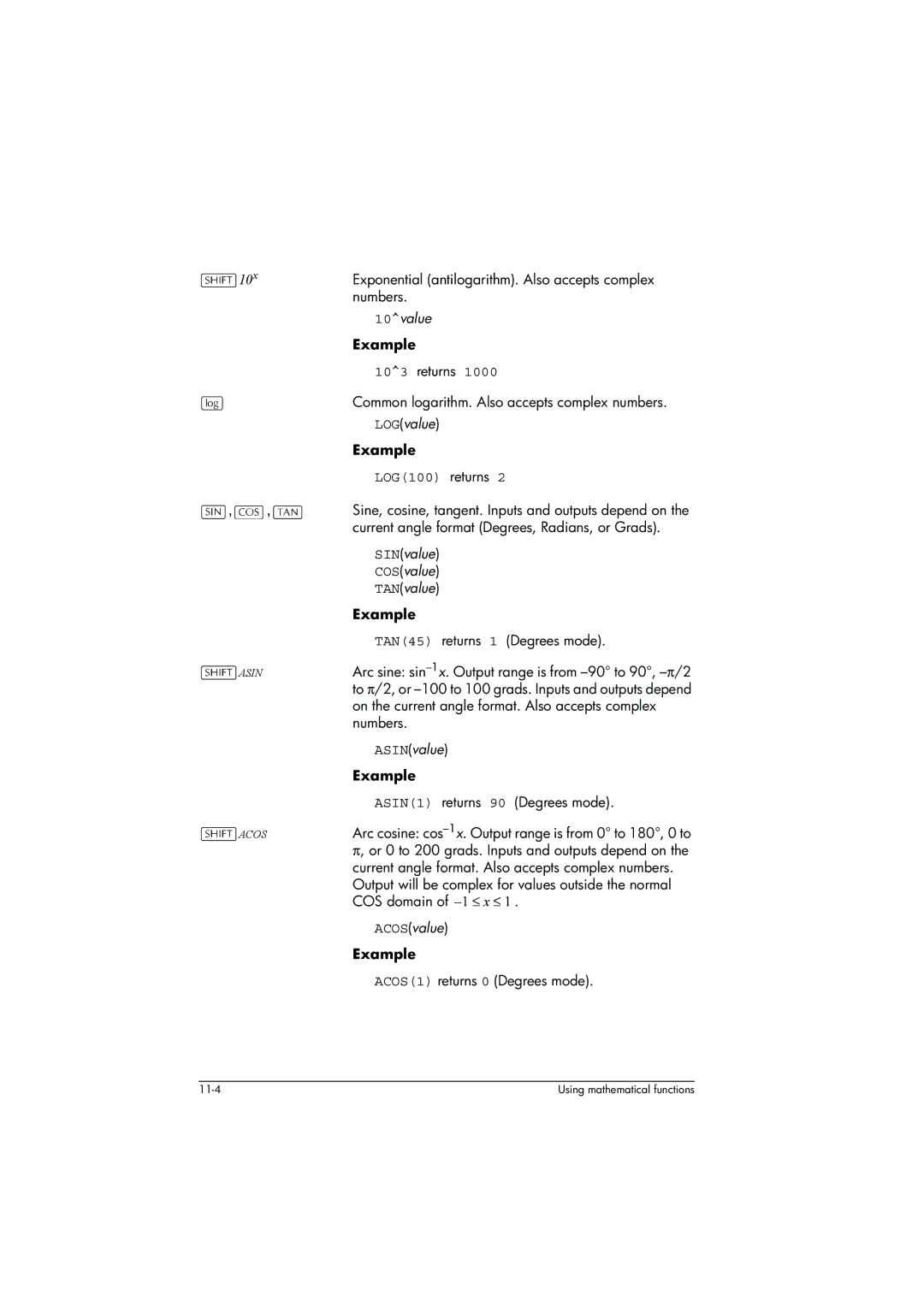 HP 39g+ Graphing manual Returns, LOG100 returns 