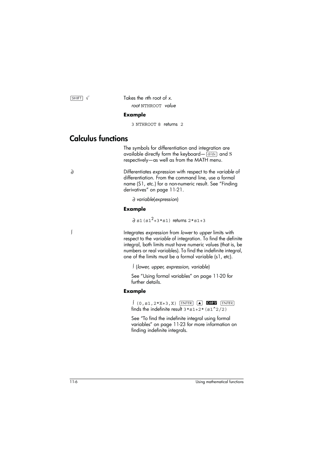 HP 39g+ Graphing manual Calculus functions, Nthroot 8 returns, ∂ s1s1 2+3*s1 returns 2*s1+3, S1,2*X+3,X 