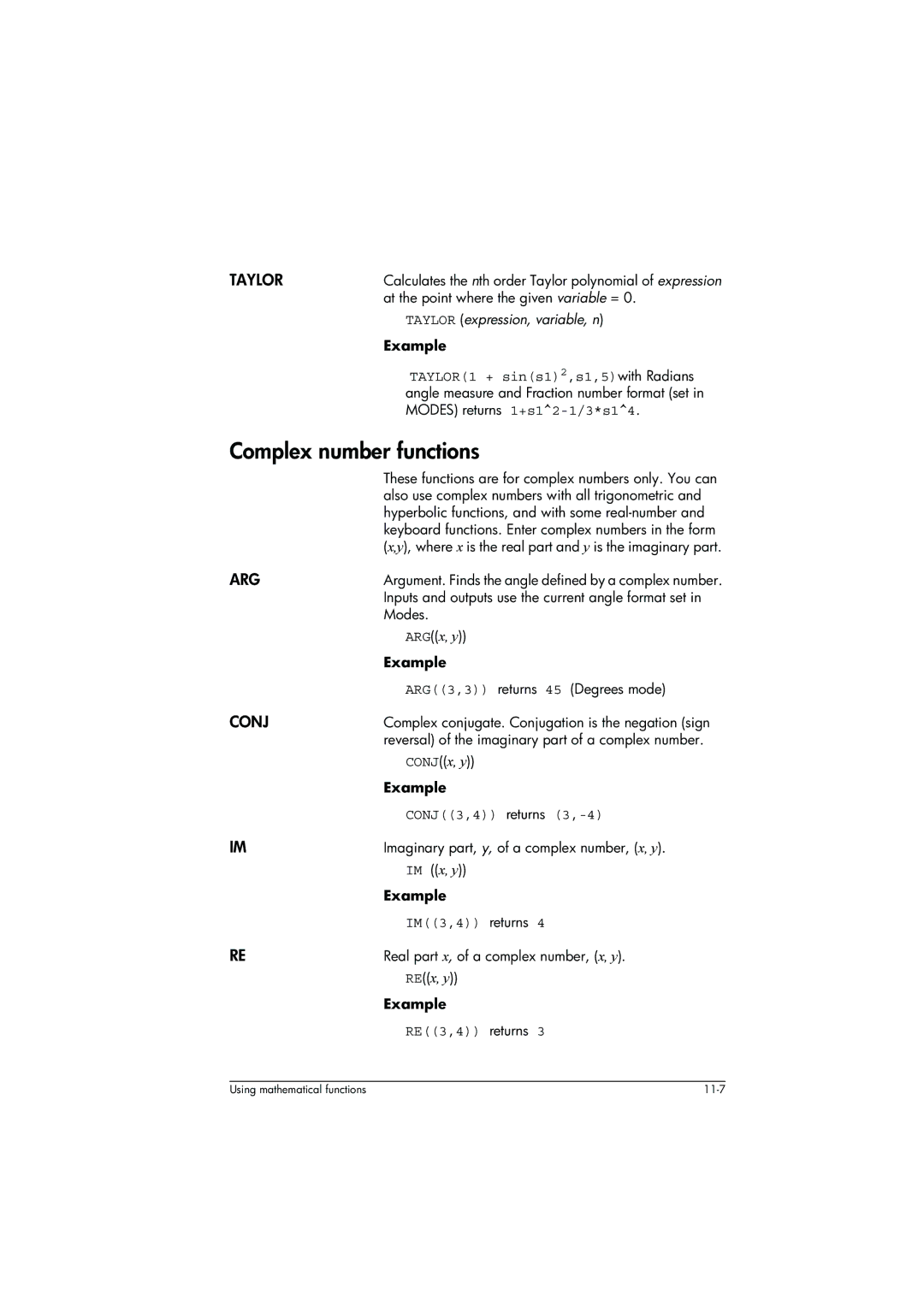 HP 39g+ Graphing manual Complex number functions, Taylor, Arg, Conj 