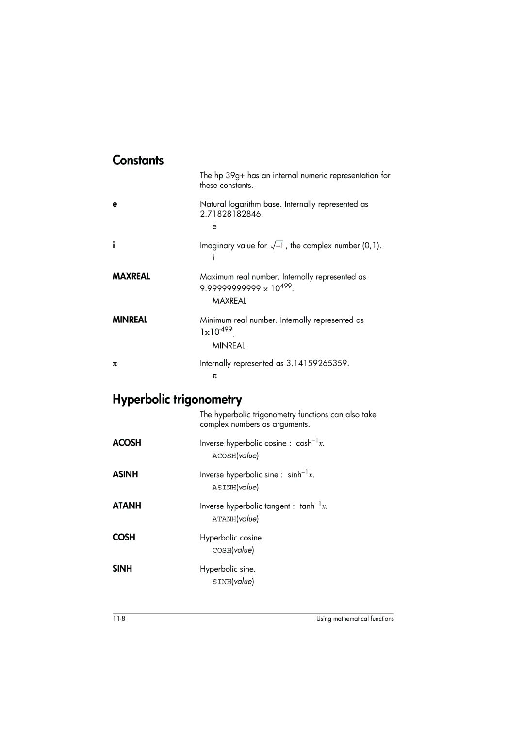 HP 39g+ Graphing manual Constants, Hyperbolic trigonometry 