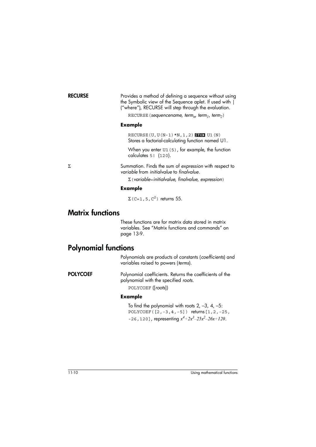 HP 39g+ Graphing manual Matrix functions, Polynomial functions, Polycoef, POLYCOEF2,-3,4,-5 returns1,2,-25 