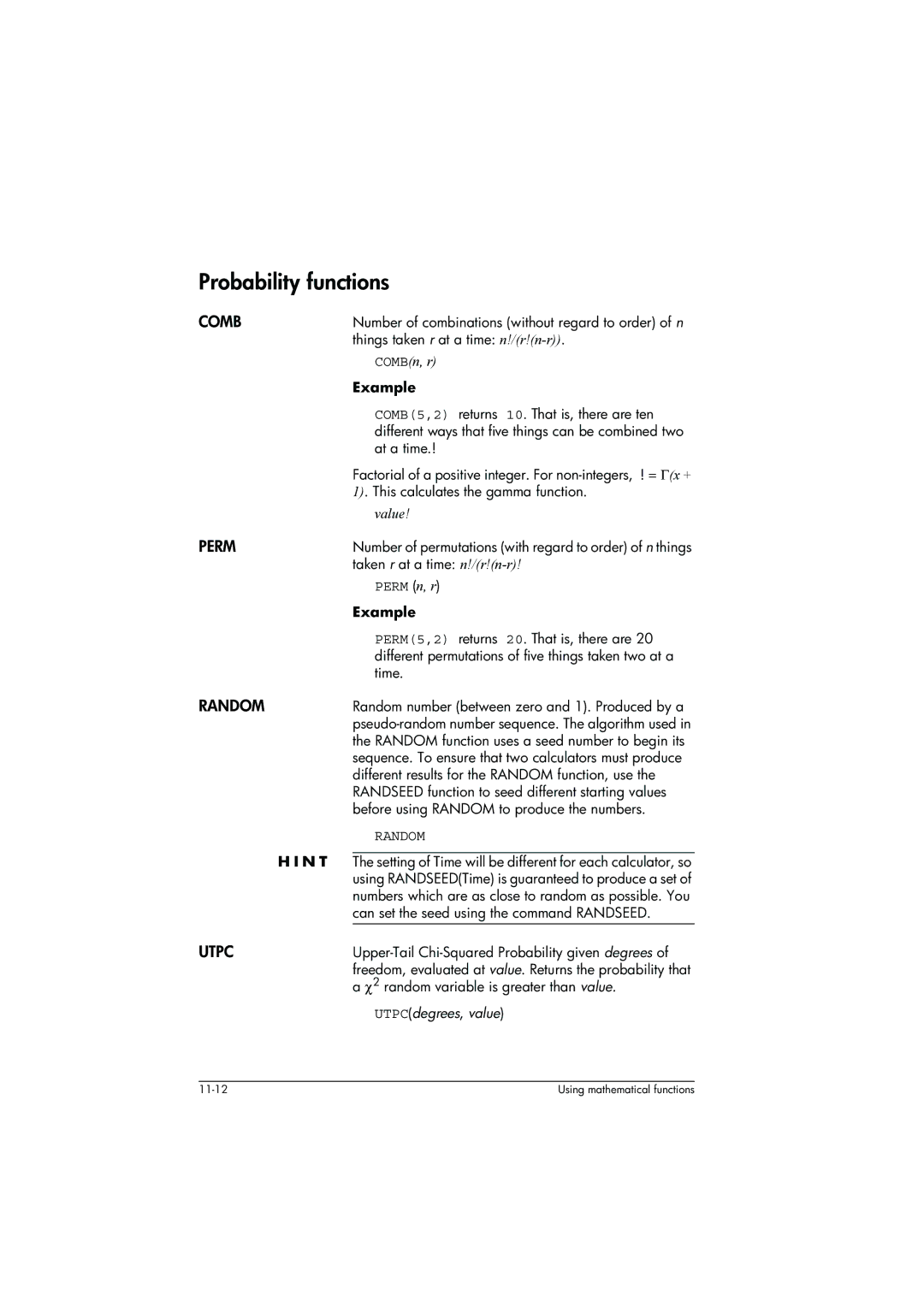 HP 39g+ Graphing manual Probability functions, Comb, Perm, Random, Utpc 