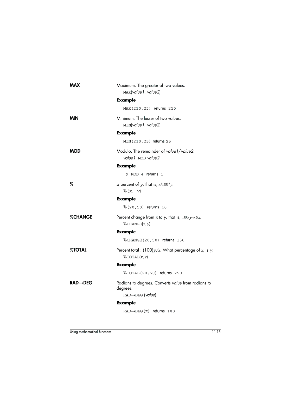 HP 39g+ Graphing manual Max, Min, Mod, Change, Total, Rad→Deg 