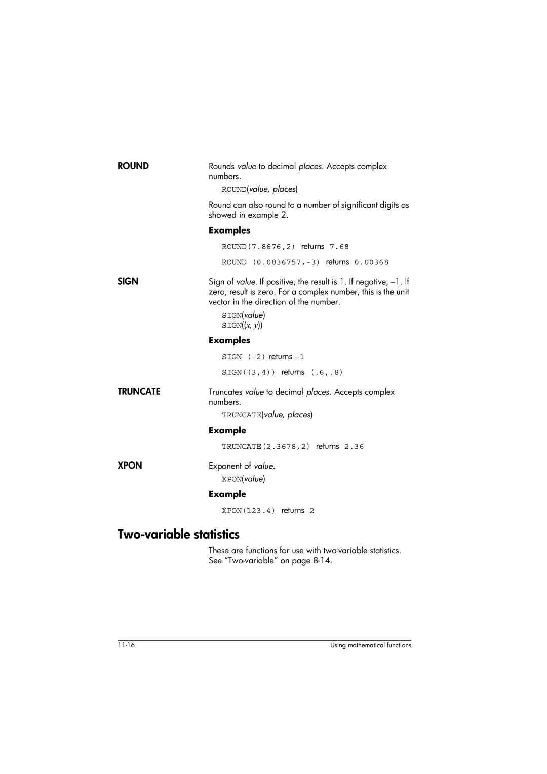 HP 39g+ Graphing manual Two-variable statistics, Round, Sign, Truncate, Xpon 