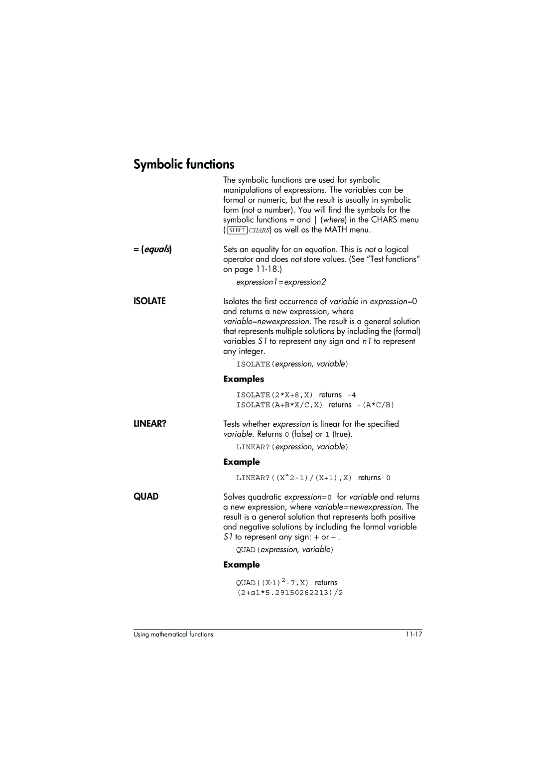 HP 39g+ Graphing manual Symbolic functions, Isolate, Linear?, Quad 