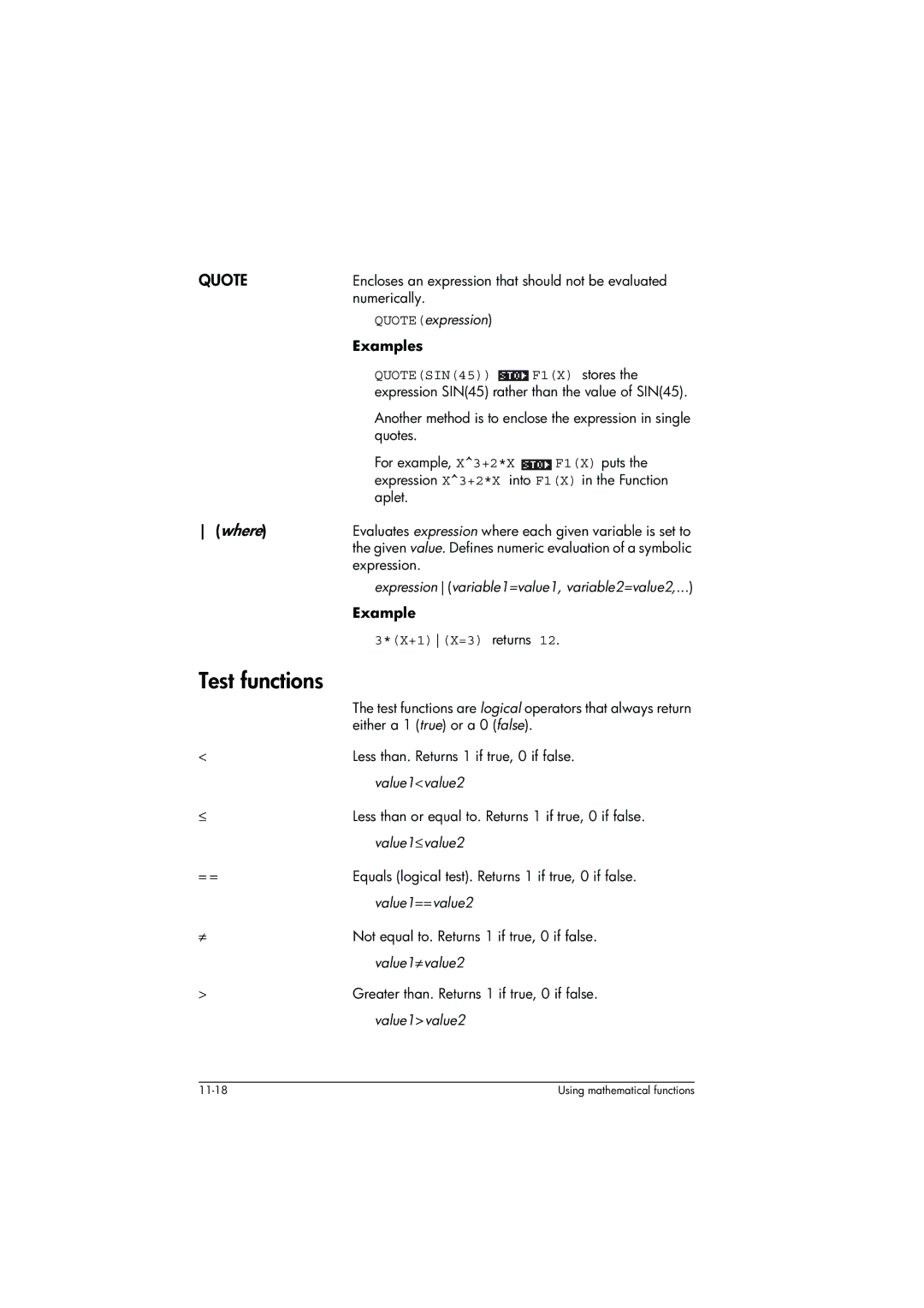 HP 39g+ Graphing manual Test functions, Quote 