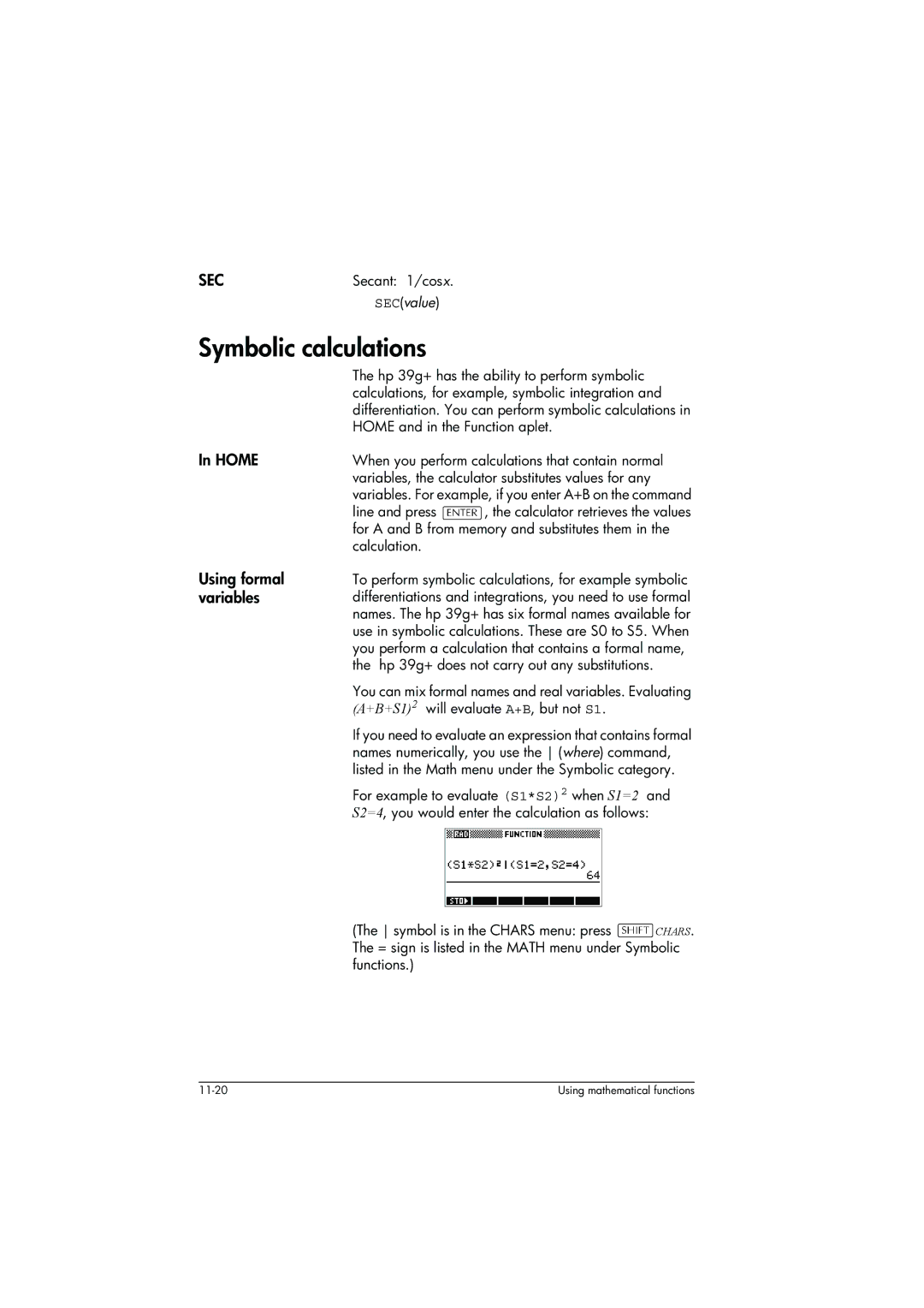 HP 39g+ Graphing manual Symbolic calculations, Sec, Using formal variables, SECvalue 