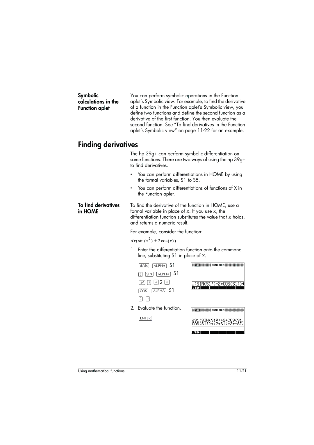 HP 39g+ Graphing manual Finding derivatives, Symbolic calculations in the Function aplet, To find derivatives in Home 