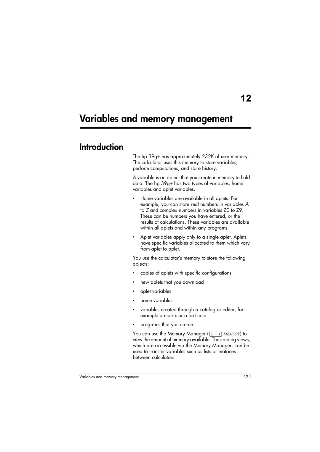 HP 39g+ Graphing manual Variables and memory management, Introduction 