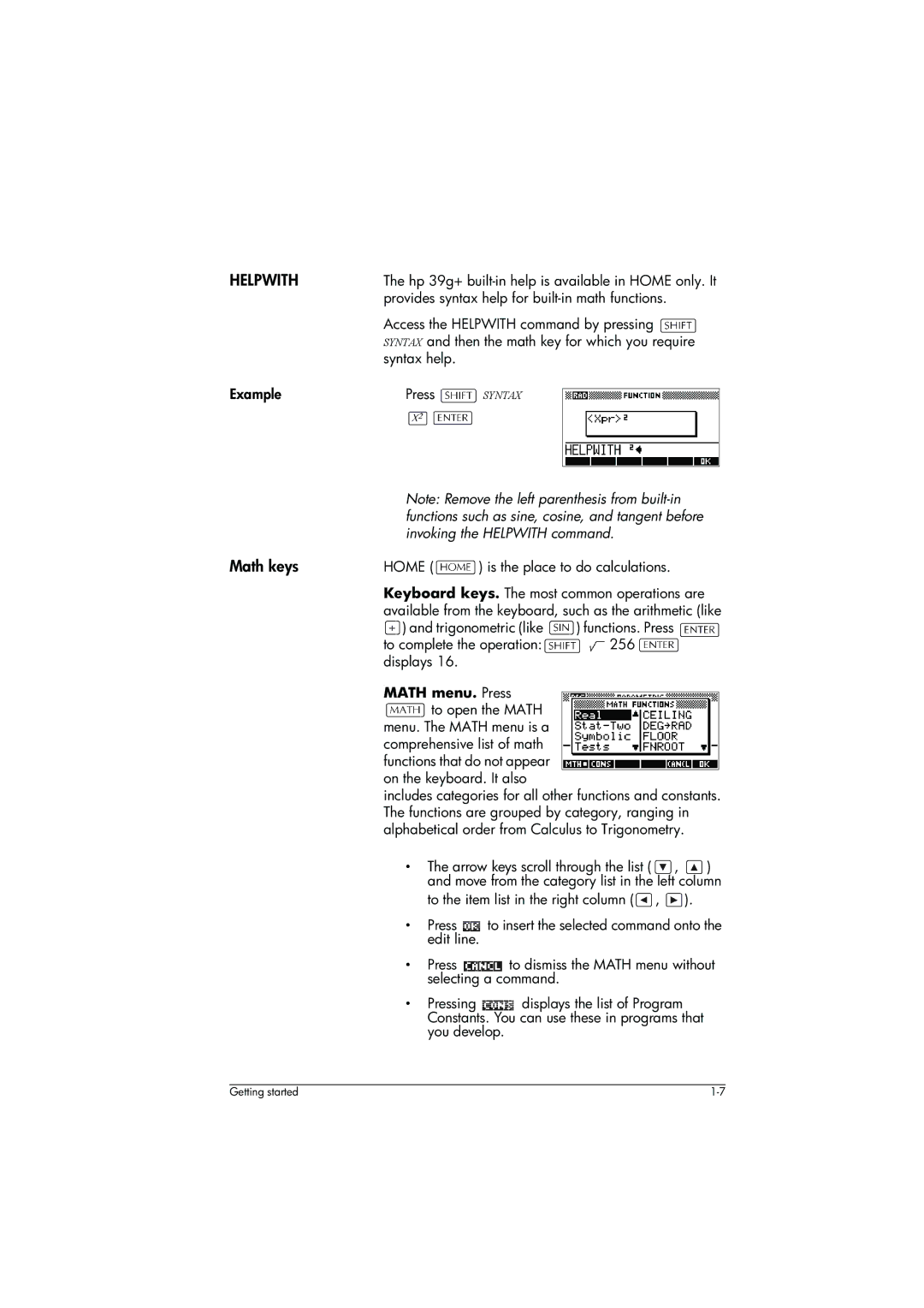 HP 39g+ Graphing manual Helpwith, Math keys 