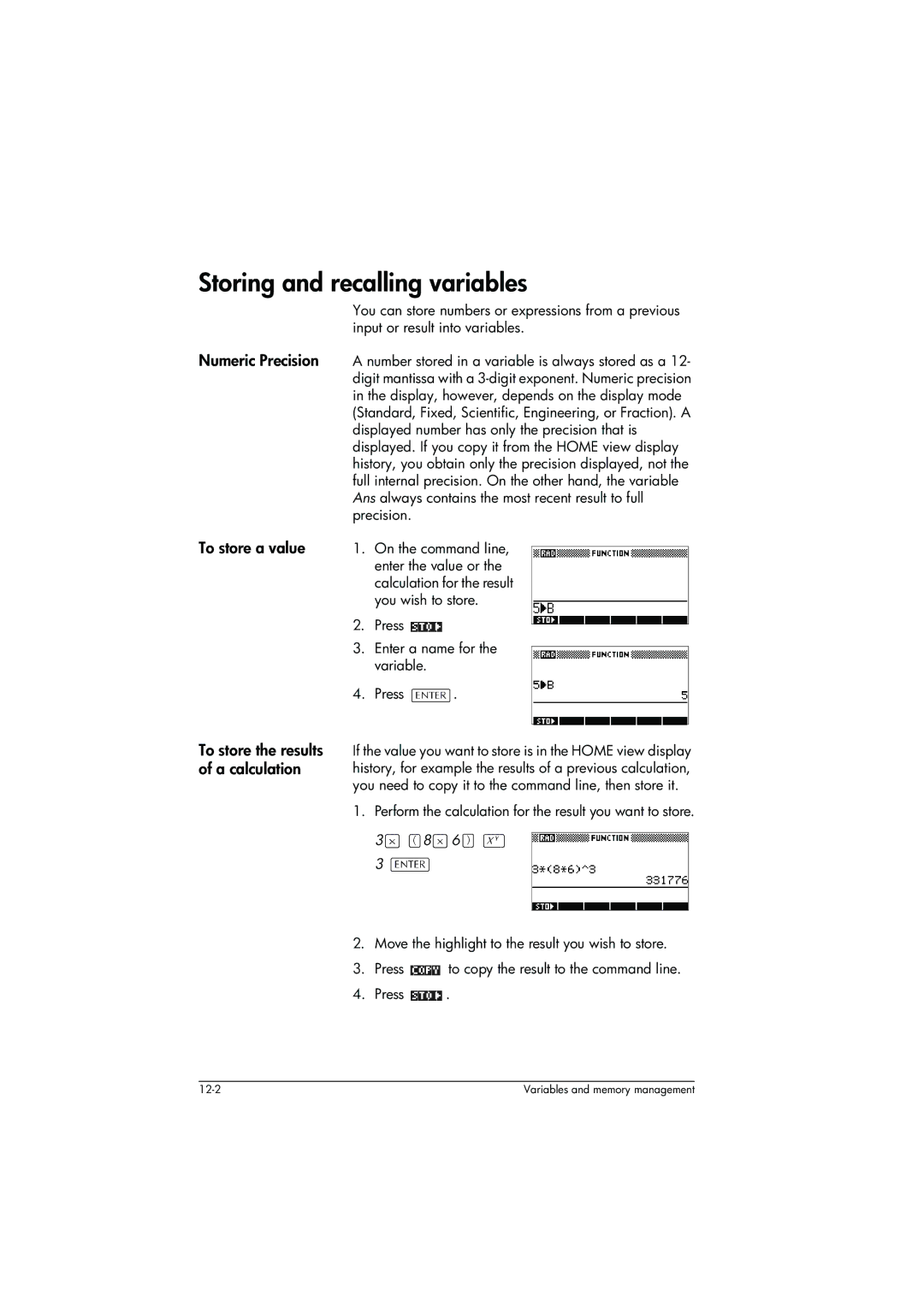 HP 39g+ Graphing manual Storing and recalling variables 