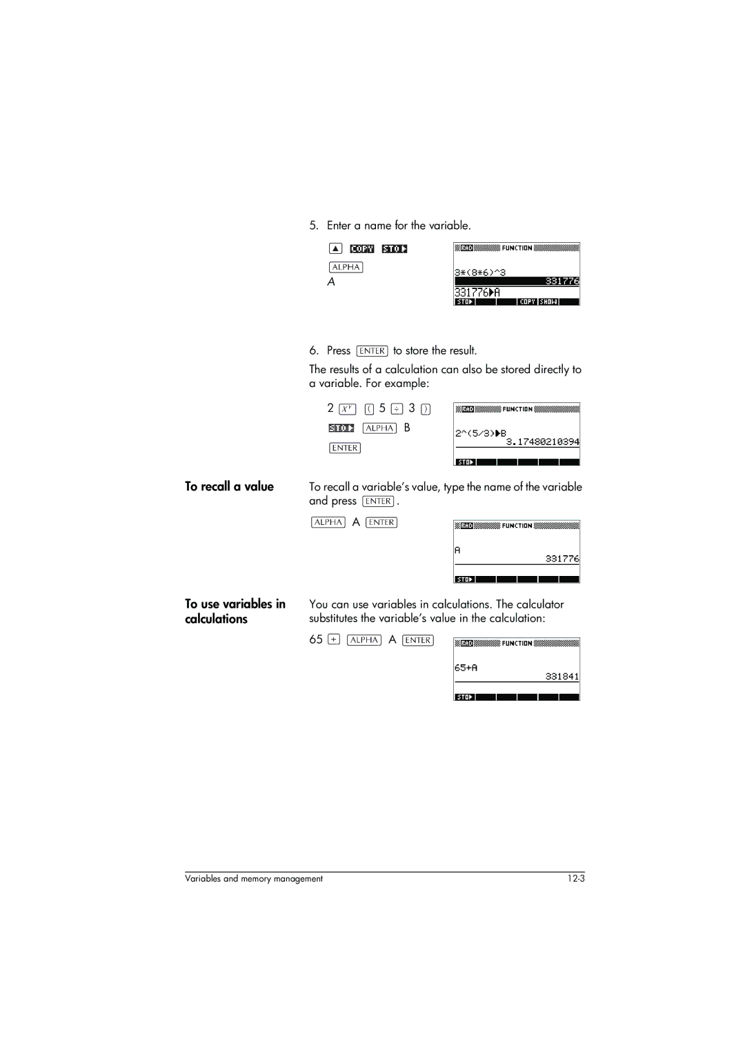 HP 39g+ Graphing manual To use variables, Calculations, You can use variables in calculations. The calculator 