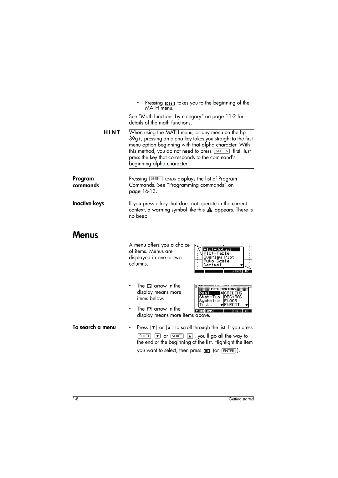 HP 39g+ Graphing manual Menus, Program, Commands, Inactive keys, To search a menu 