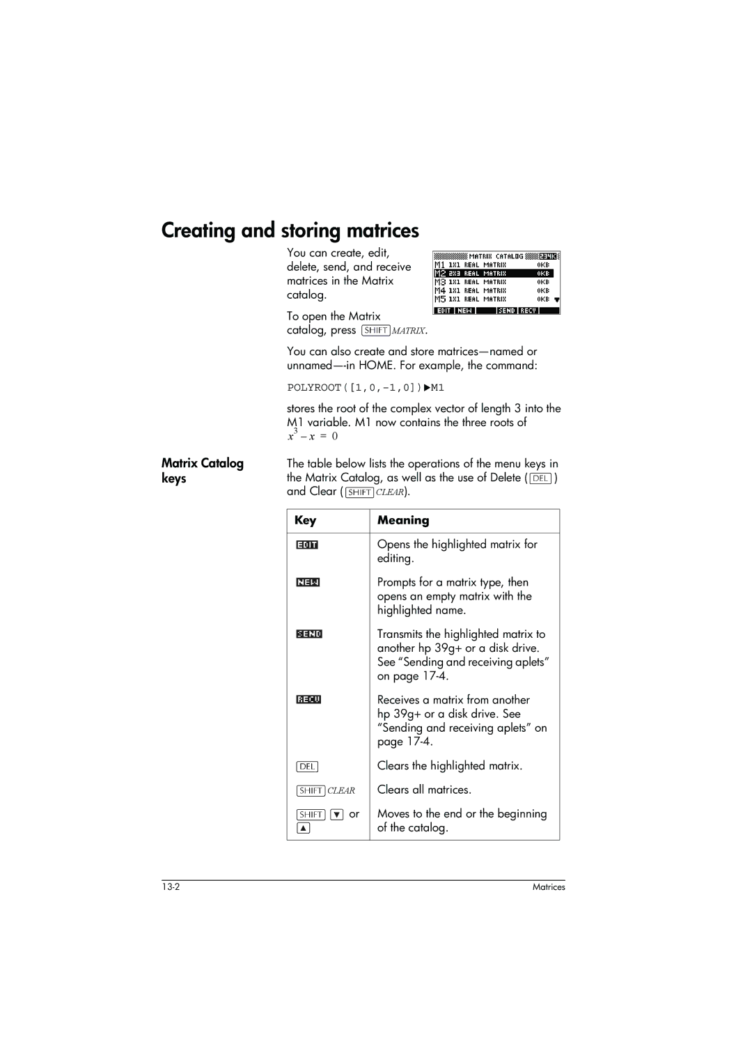 HP 39g+ Graphing manual Creating and storing matrices, Matrix Catalog keys, POLYROOT1,0,-1,0XM1 