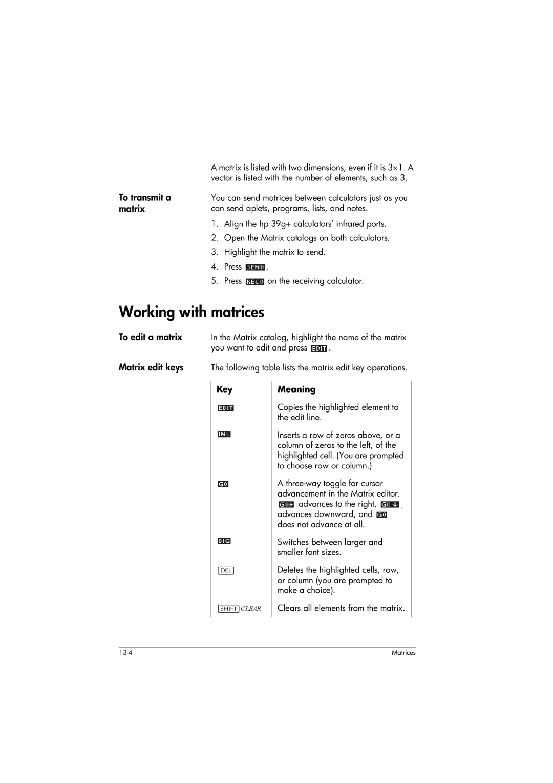 HP 39g+ Graphing manual Working with matrices, To transmit a matrix, Or column you are prompted to Make a choice 