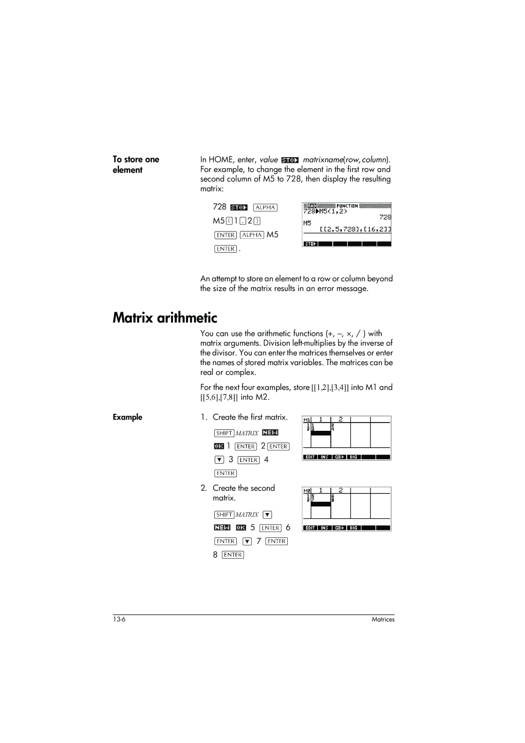 HP 39g+ Graphing manual Matrix arithmetic, To store one element, Create the second matrix 