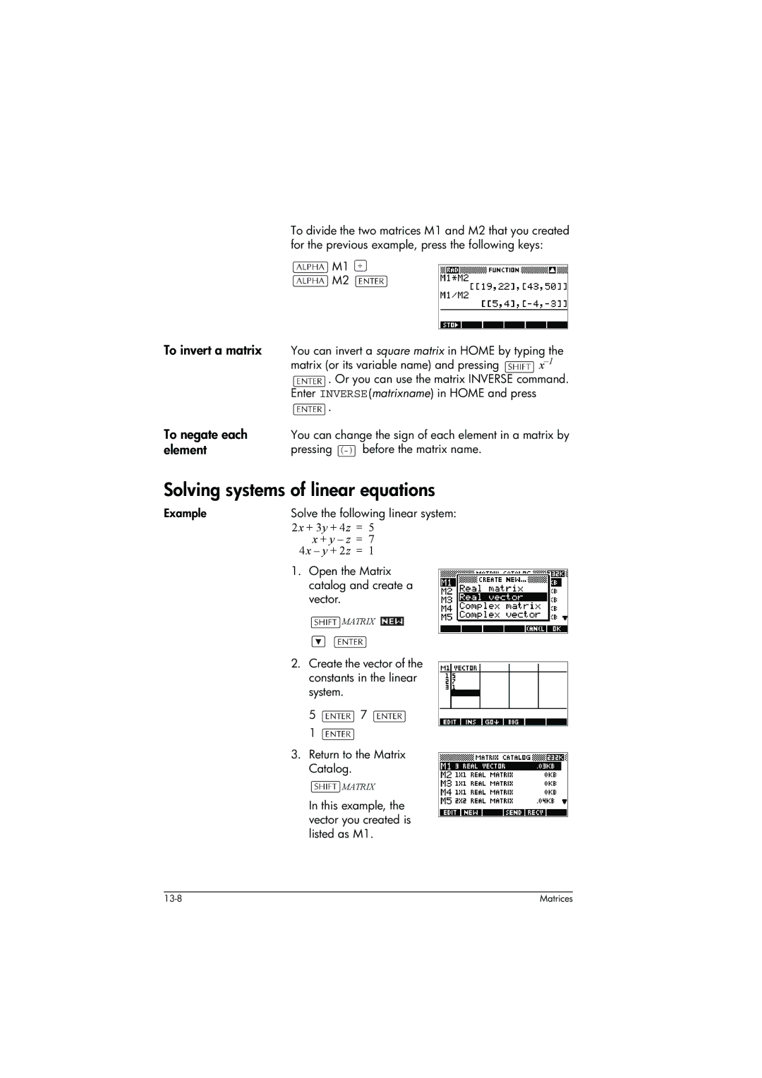 HP 39g+ Graphing manual Solving systems of linear equations, To negate each, Element 