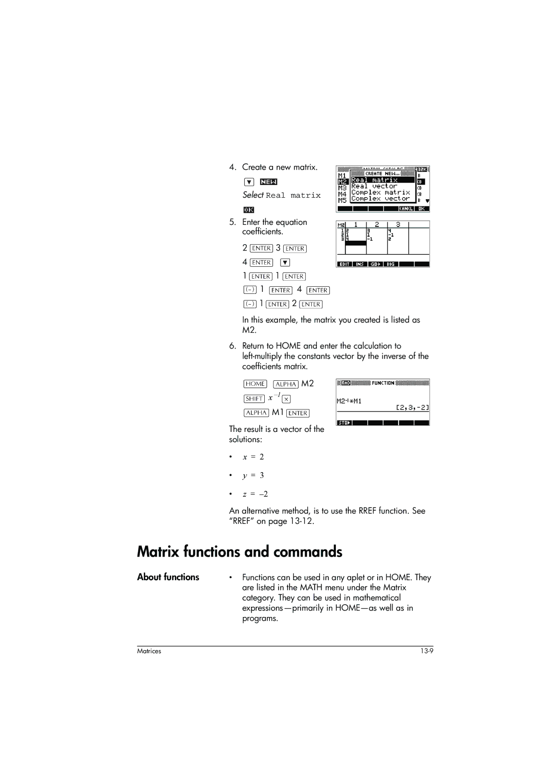 HP 39g+ Graphing manual Matrix functions and commands, About functions, Select Real matrix 