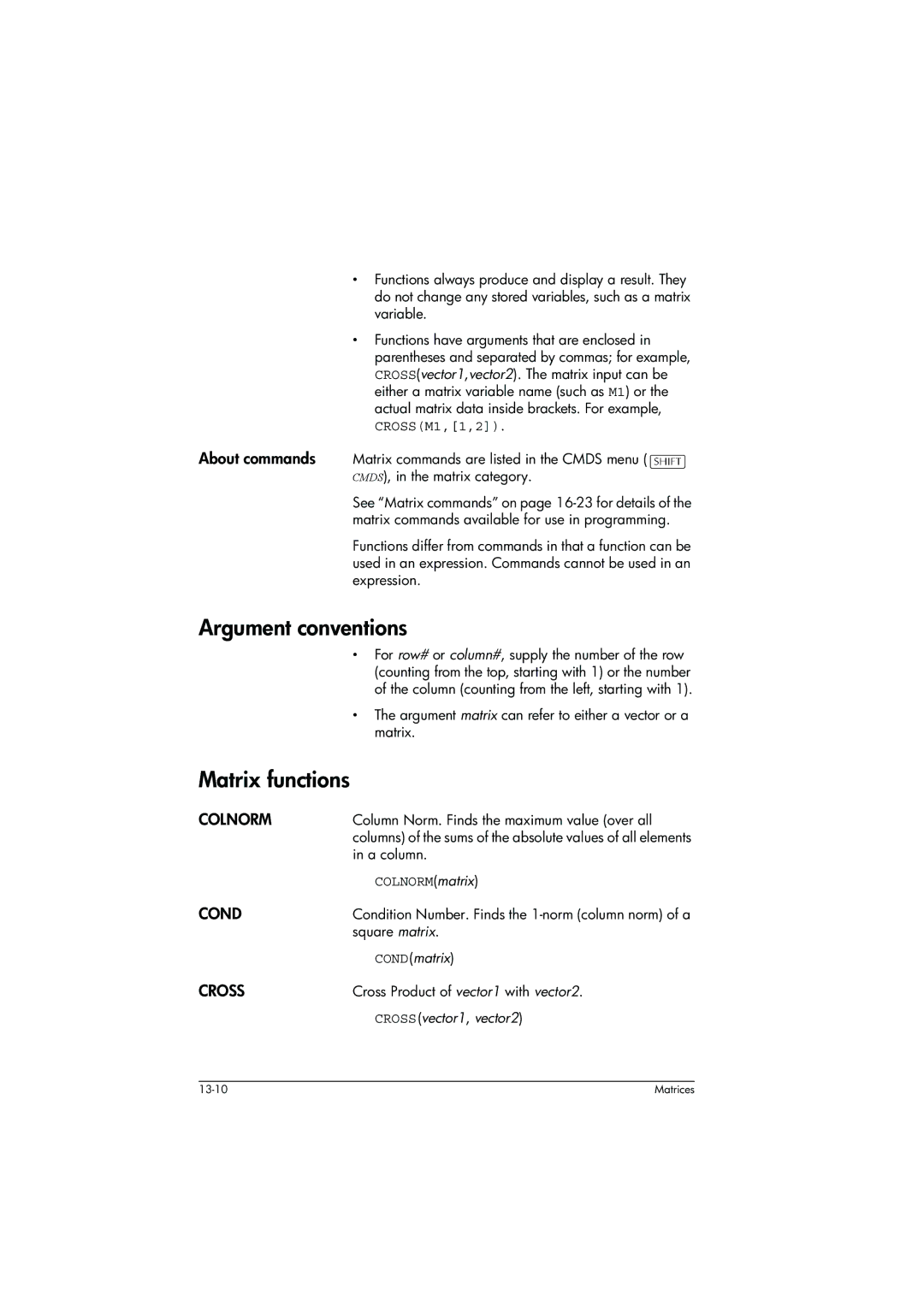 HP 39g+ Graphing manual Argument conventions, Colnorm, Cond, Cross 