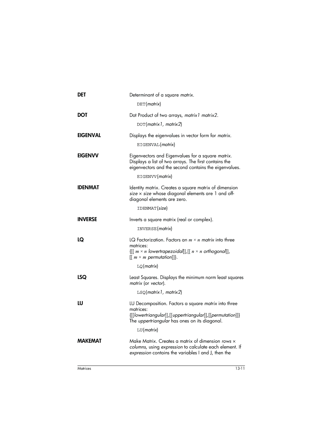 HP 39g+ Graphing manual Det, Dot, Eigenval, Eigenvv, Idenmat, Inverse, Lsq, Makemat 