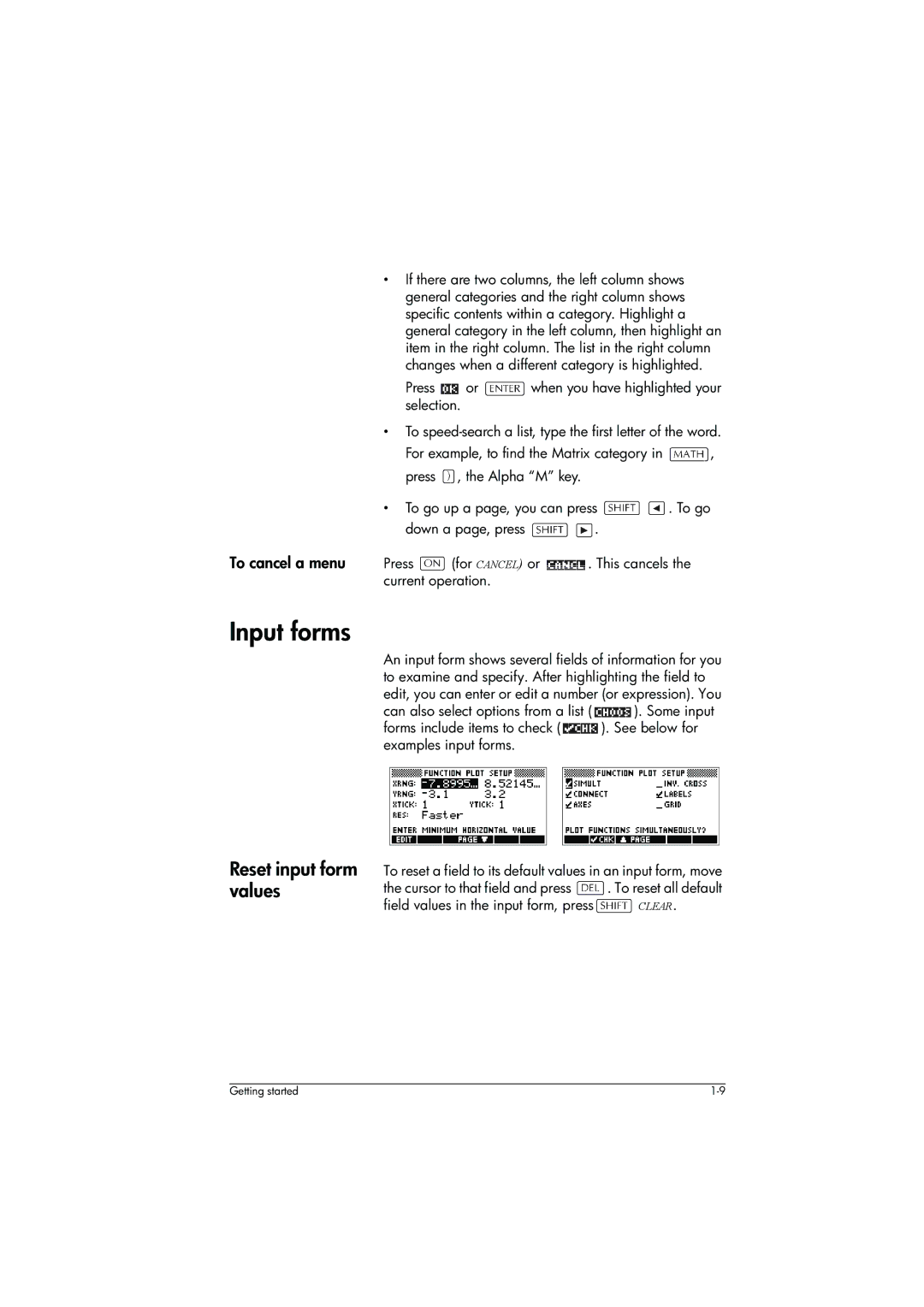 HP 39g+ Graphing manual Input forms, Reset input form values 