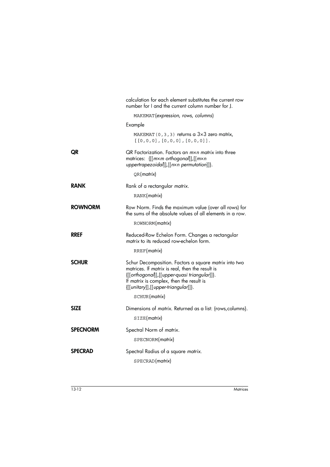 HP 39g+ Graphing manual Rank, Rownorm, Rref, Schur, Size, Specnorm, Specrad 