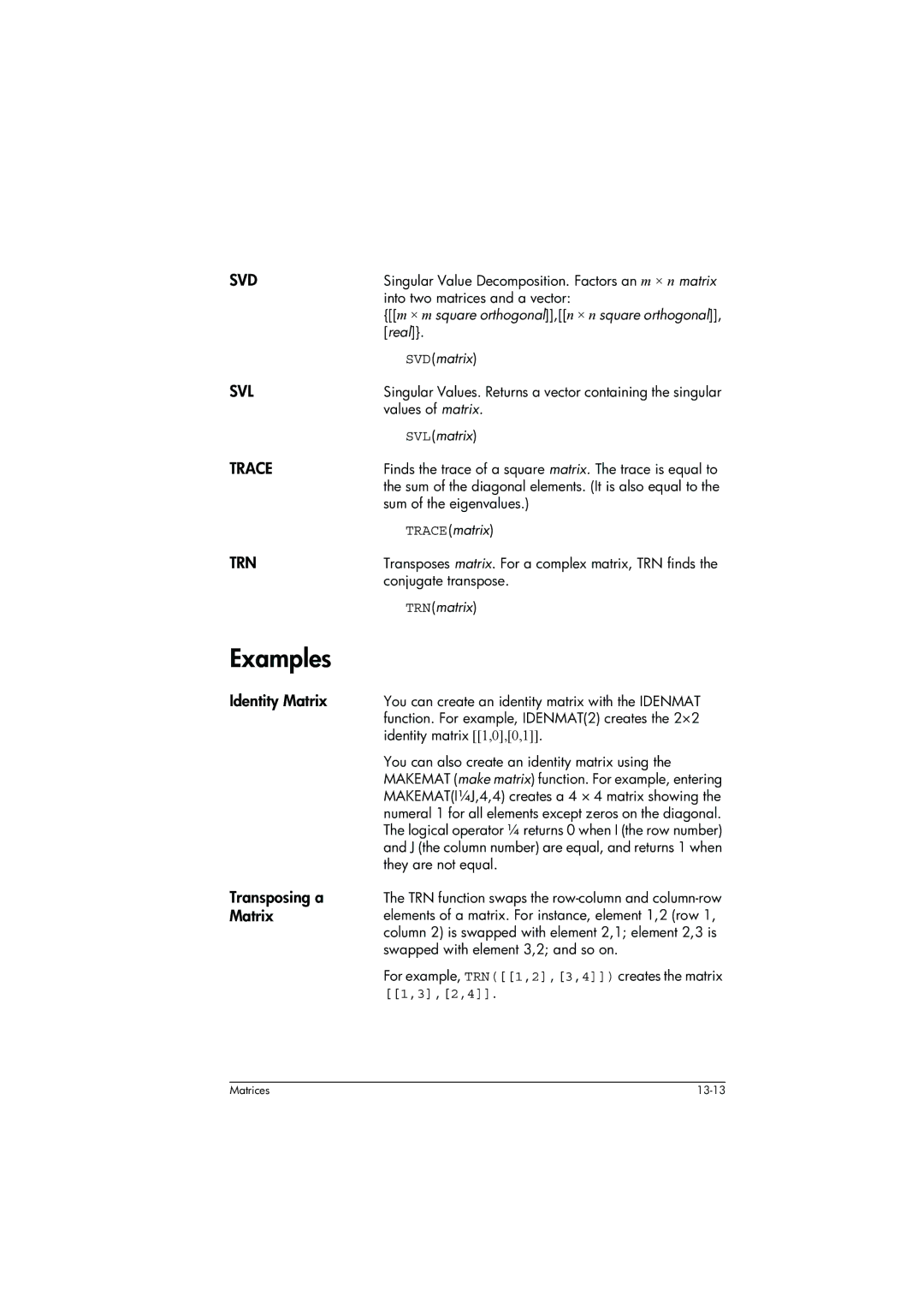 HP 39g+ Graphing manual Examples, Svd, Svl, Trace, Trn 