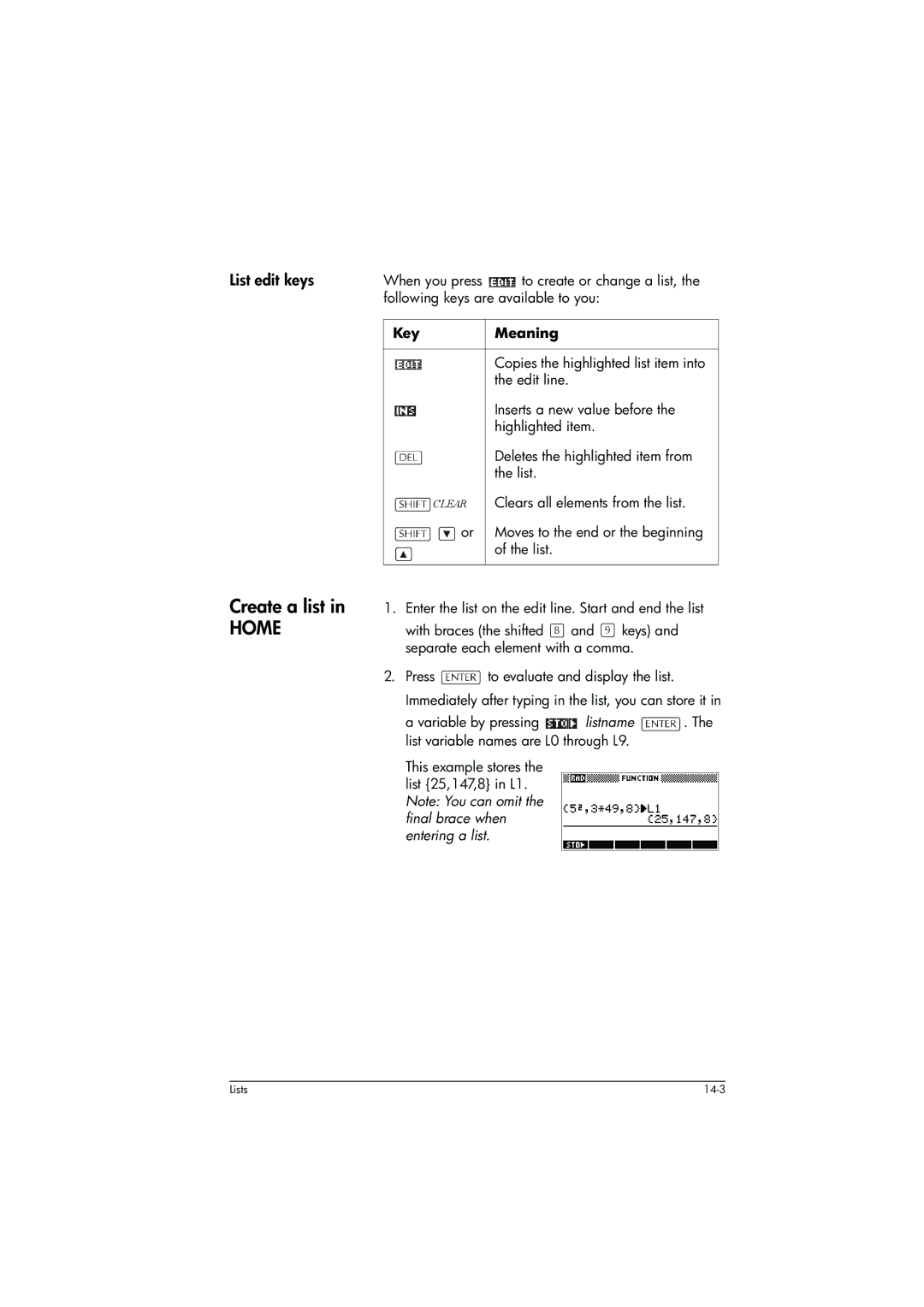 HP 39g+ Graphing manual Create a list, List edit keys 