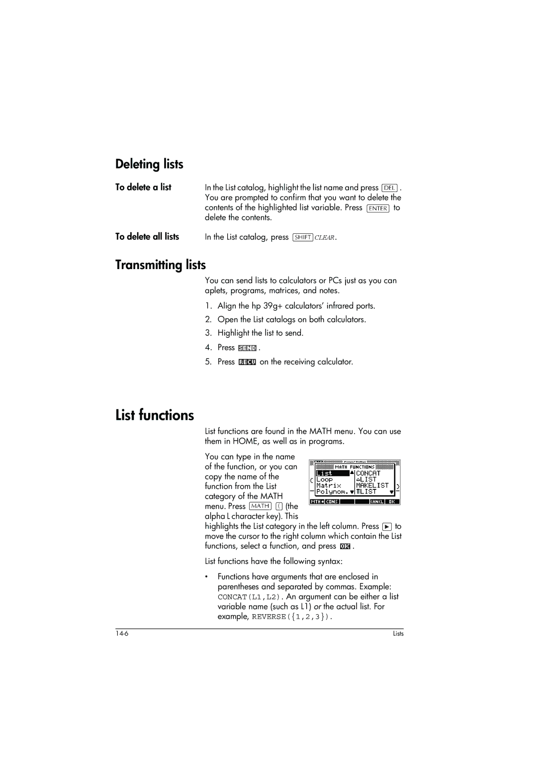 HP 39g+ Graphing manual List functions, Deleting lists, Transmitting lists, To delete a list, To delete all lists 