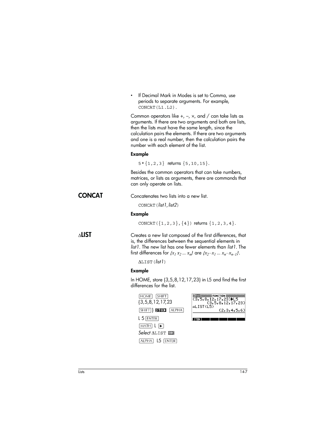 HP 39g+ Graphing manual 2,3 returns 5,10,15, CONCATlist1,list2, CONCAT1,2,3,4 returns 1,2,3,4, ∆LISTlist1, Select ∆LIST 