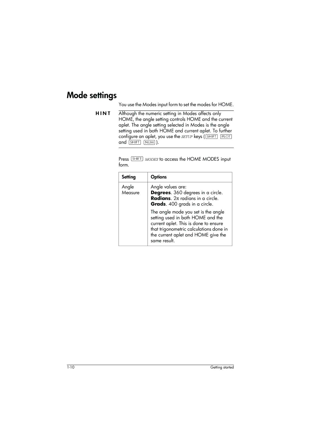 HP 39g+ Graphing manual Mode settings, You use the Modes input form to set the modes for Home, Current aplet and Home give 