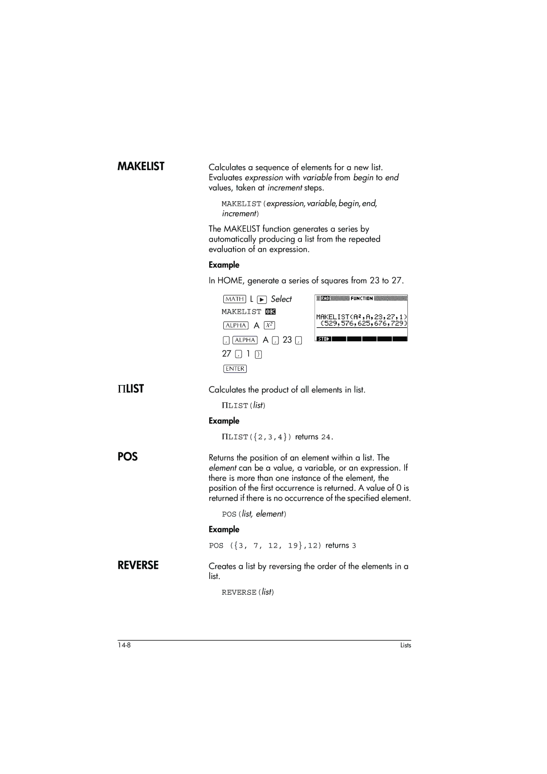 HP 39g+ Graphing manual ΠLISTlist, ΠLIST2,3,4 returns, POSlist, element, POS 3, 7, 12, 19,12 returns, REVERSElist 