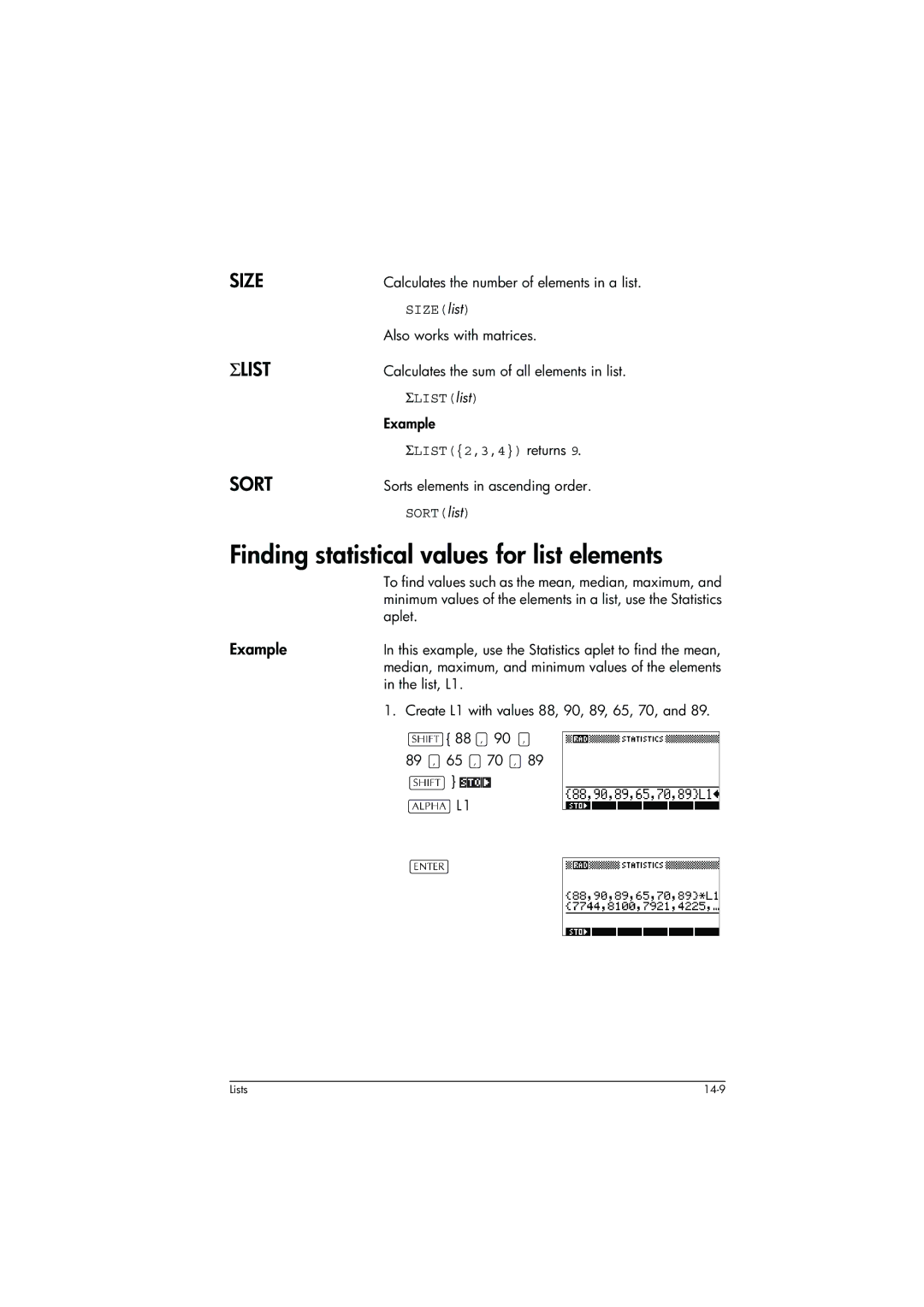 HP 39g+ Graphing manual Finding statistical values for list elements, ΣLIST2,3,4 returns 