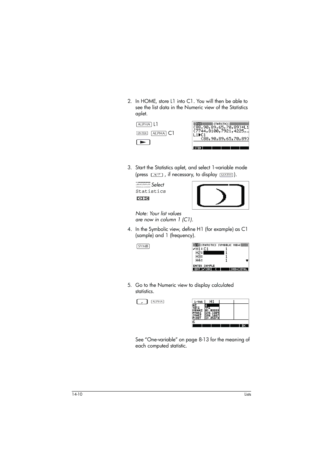 HP 39g+ Graphing manual Statistics, Are now in column 1 C1 