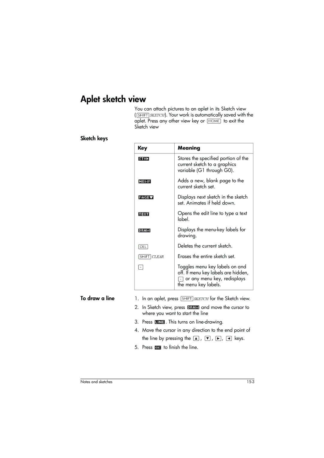 HP 39g+ Graphing manual Aplet sketch view, Sketch keys, To draw a line 