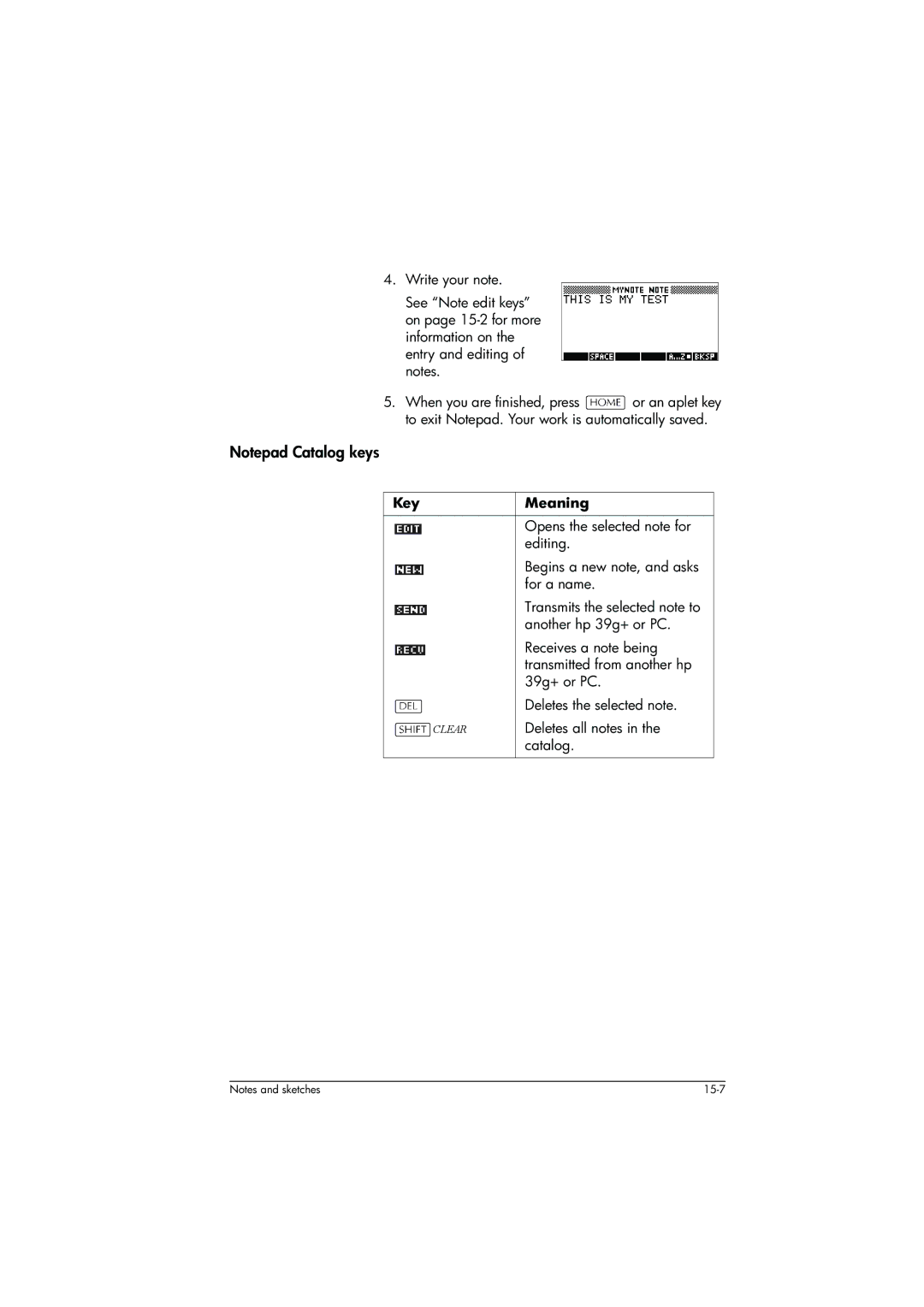 HP 39g+ Graphing manual Opens the selected note for, Begins a new note, and asks, For a name, Another hp 39g+ or PC 