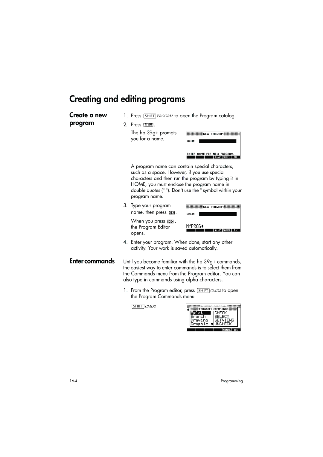 HP 39g+ Graphing manual Creating and editing programs, Create a new program, Press Progrm to open the Program catalog 