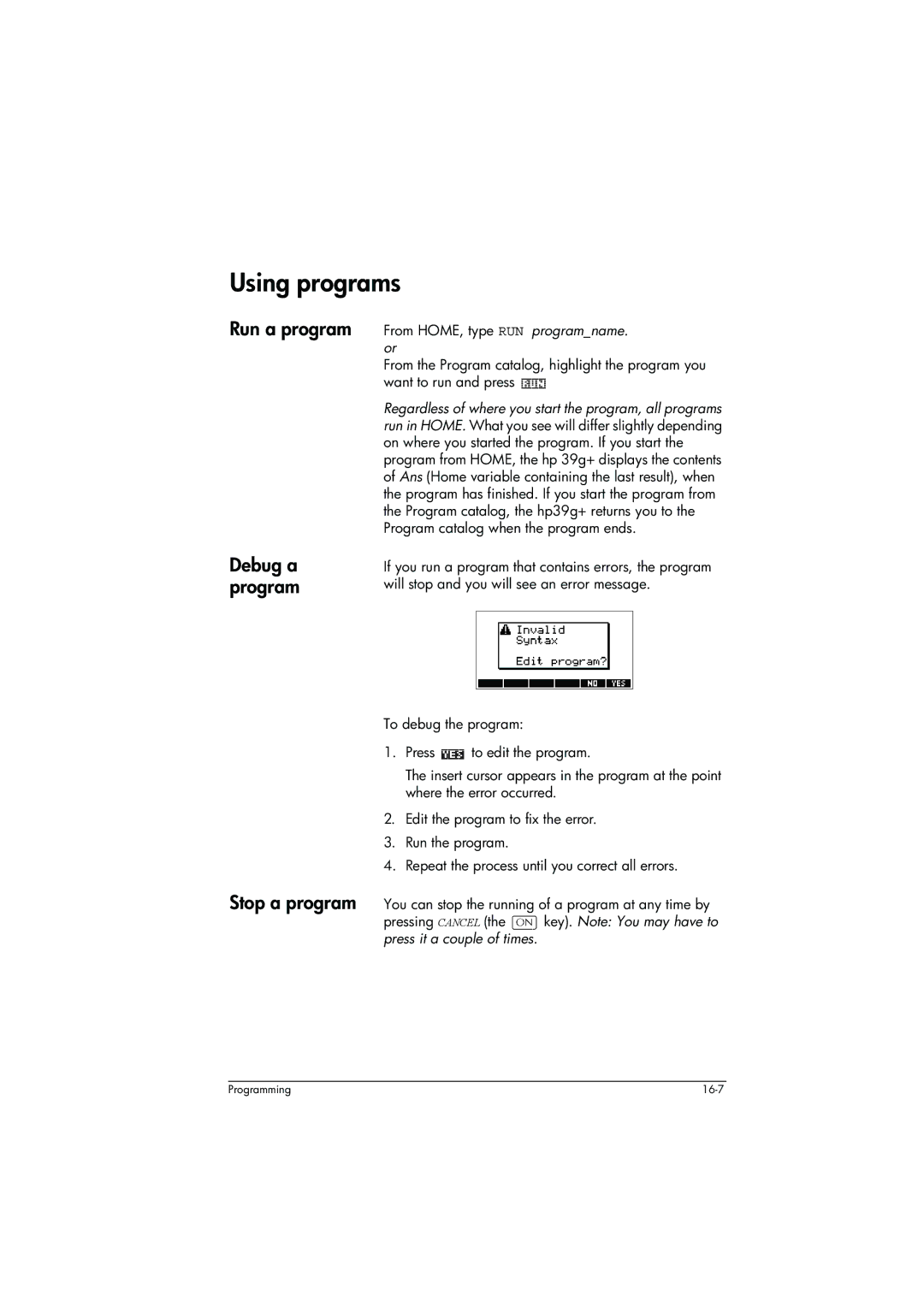 HP 39g+ Graphing manual Using programs, Run a program Debug a program Stop a program 