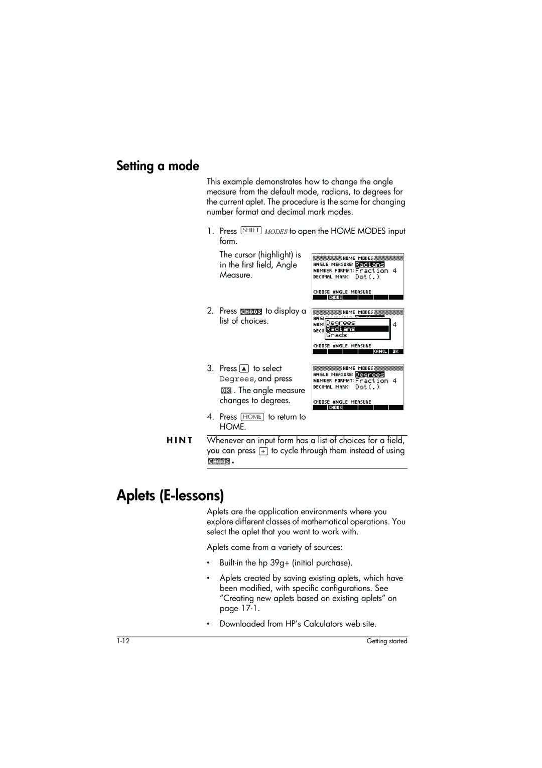 HP 39g+ Graphing manual Aplets E-lessons, Setting a mode, Press to return to Home 