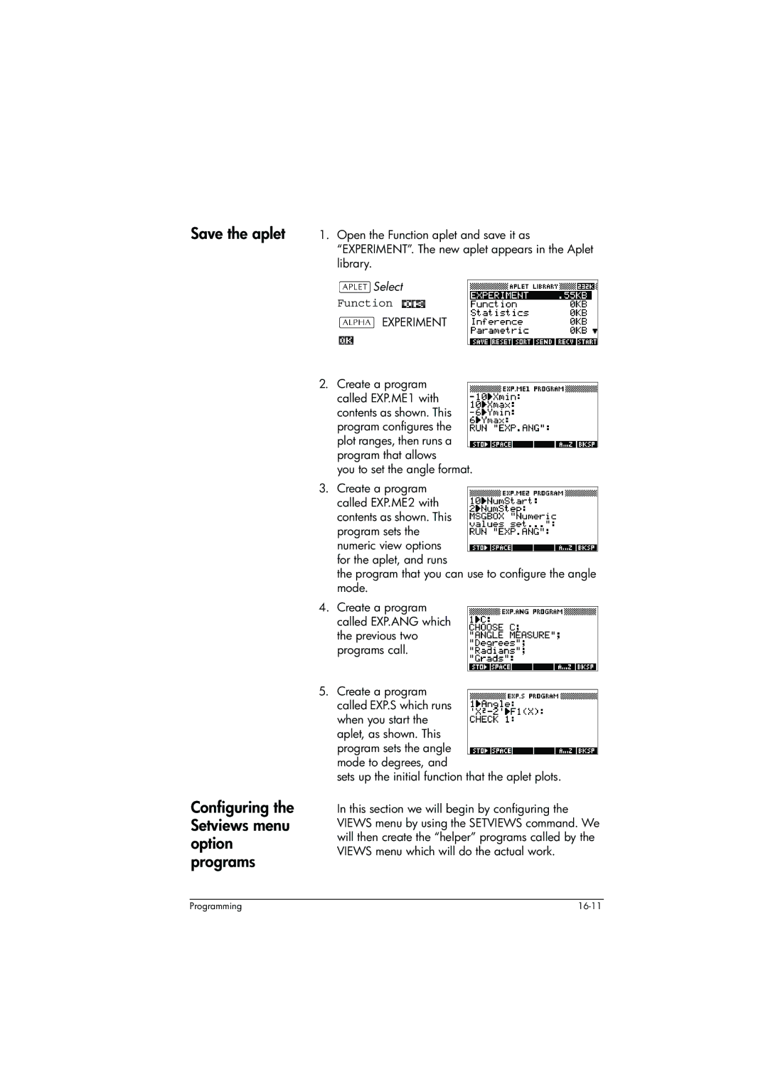 HP 39g+ Graphing manual Save the aplet, Configuring the Setviews menu option programs 