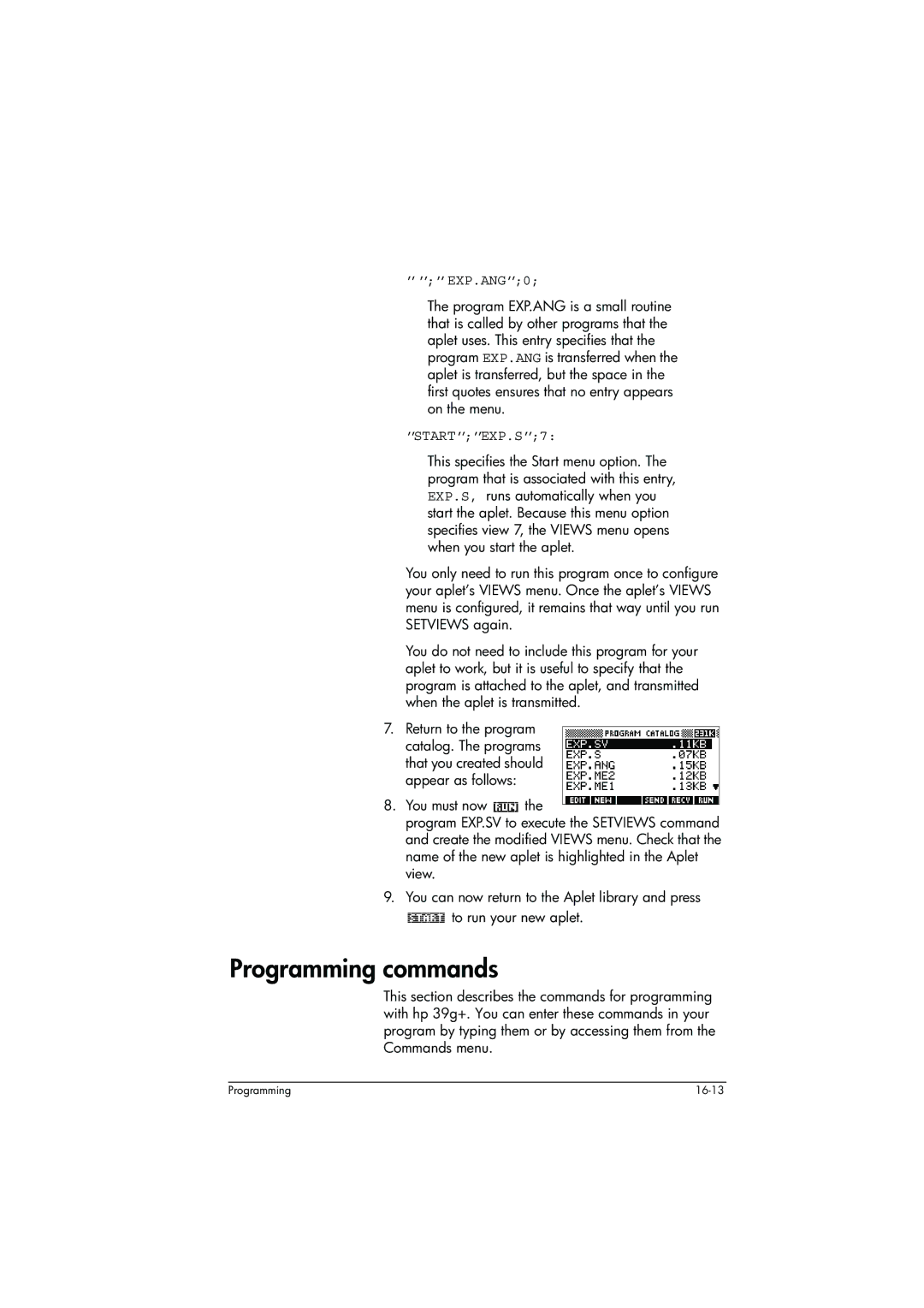 HP 39g+ Graphing manual Programming commands, ’’’’’’EXP.ANG’’0, ’’START’’’’EXP.S’’7 