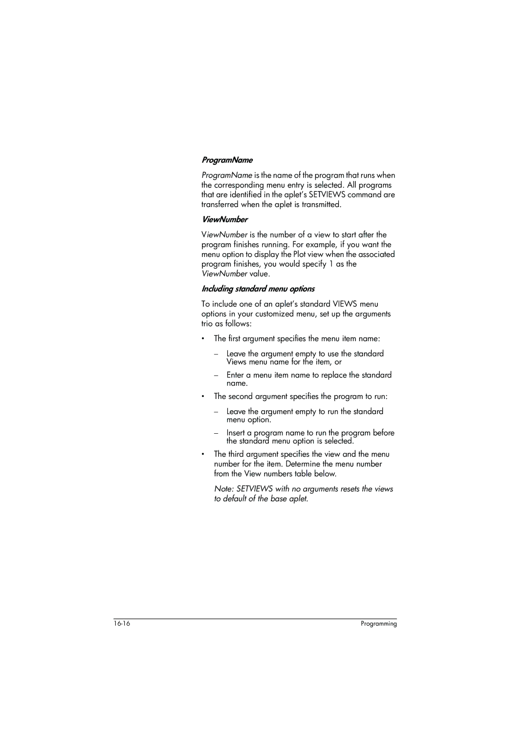 HP 39g+ Graphing manual ProgramName, ViewNumber, Including standard menu options 