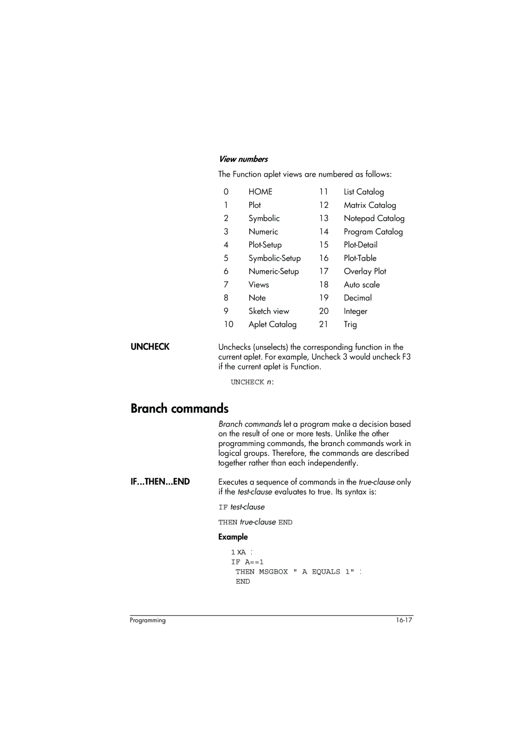 HP 39g+ Graphing manual Branch commands, If...Then...End, Uncheck n, 1XA, If A==1 