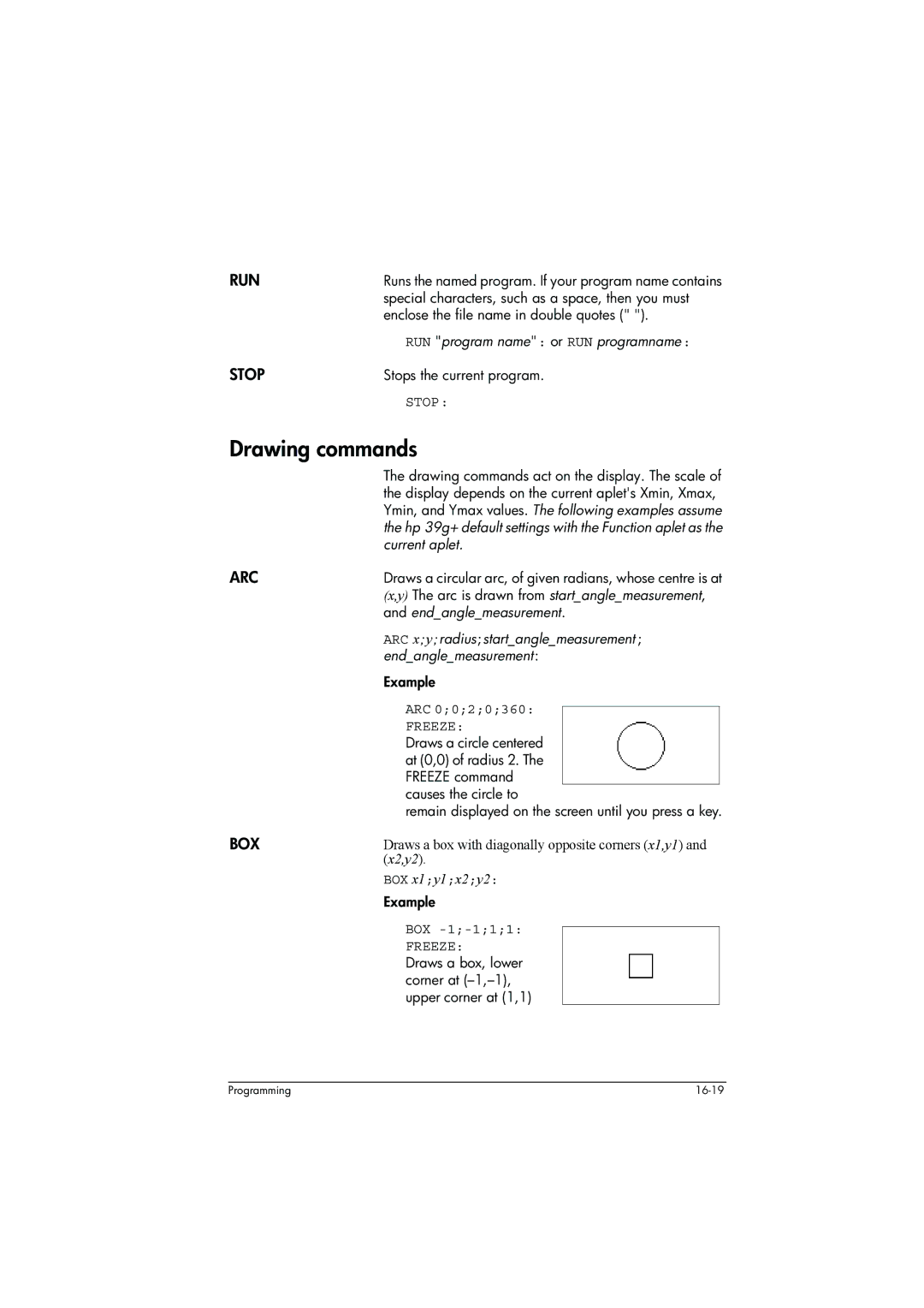 HP 39g+ Graphing manual Drawing commands, Run, Stop, Arc, Box 